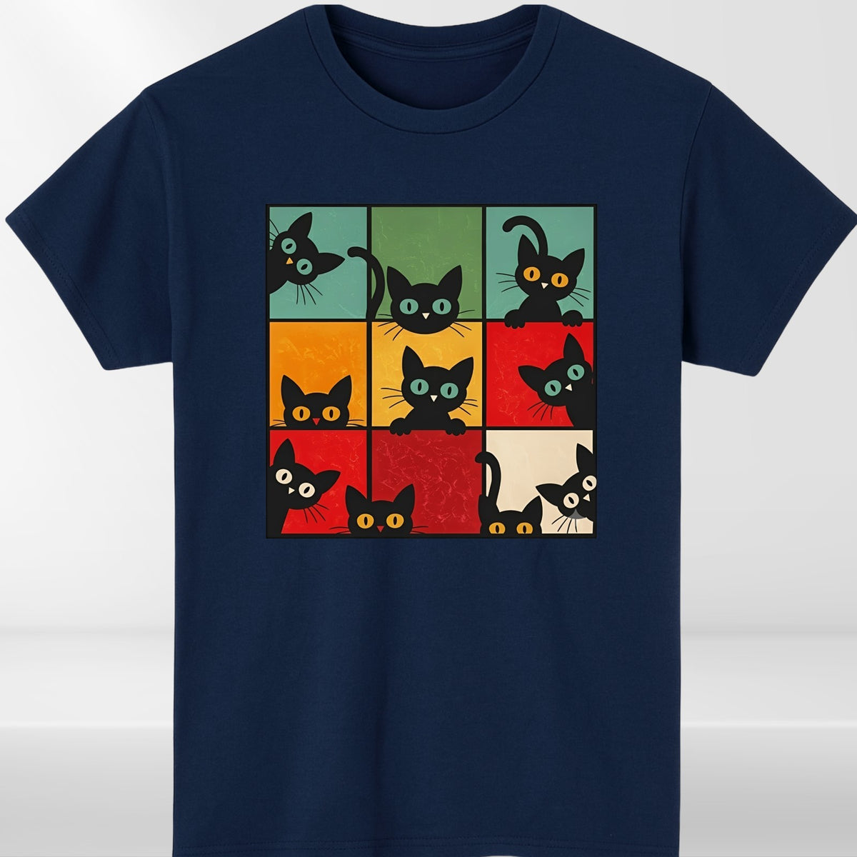 Funny Peeking Cat Grid T Shirt Retro Kitten Graphic Unisex Gift Tee Top