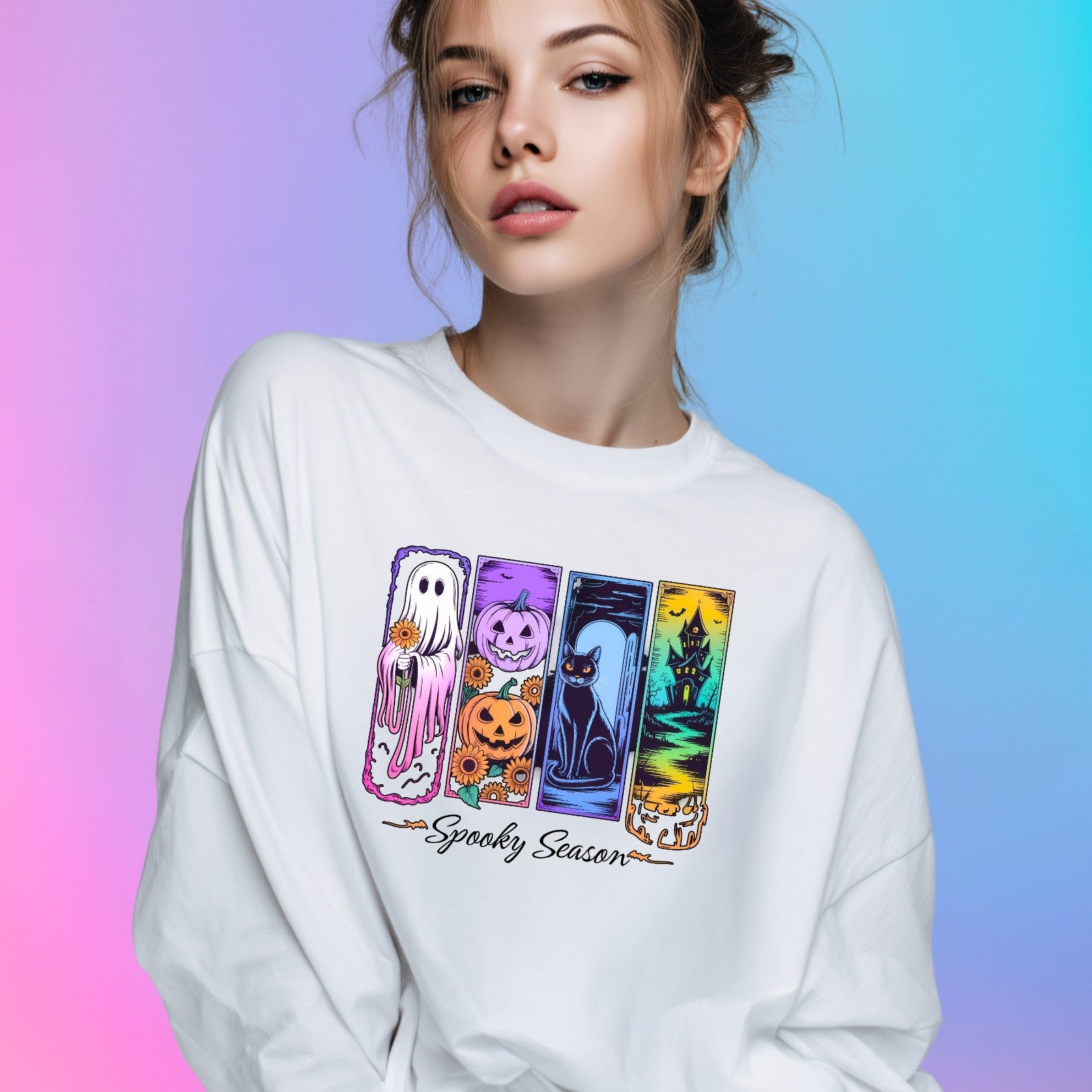 Spooky Season Jumper | Cute Halloween Sweatshirt | Ghost Pumpkin Cat Design | Au