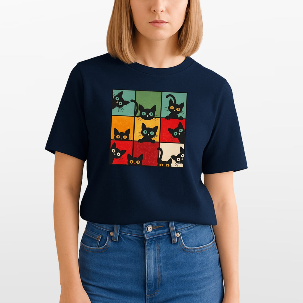 Funny Peeking Cat Grid T Shirt Retro Kitten Graphic Unisex Gift Tee Top