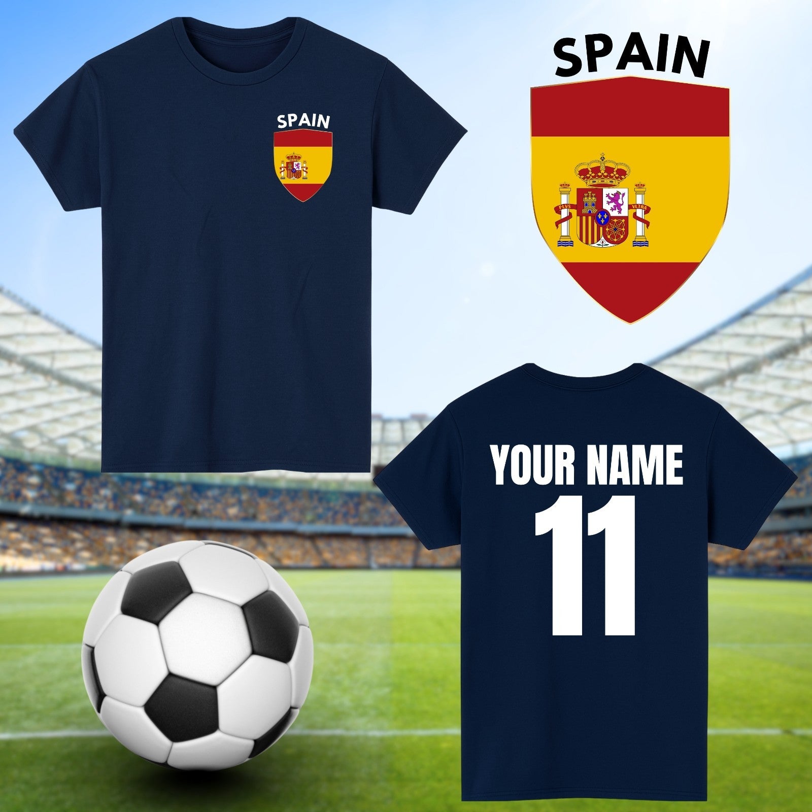 Personalised Spain Football T-Shirt Custom Name And Number Sports Lover Top