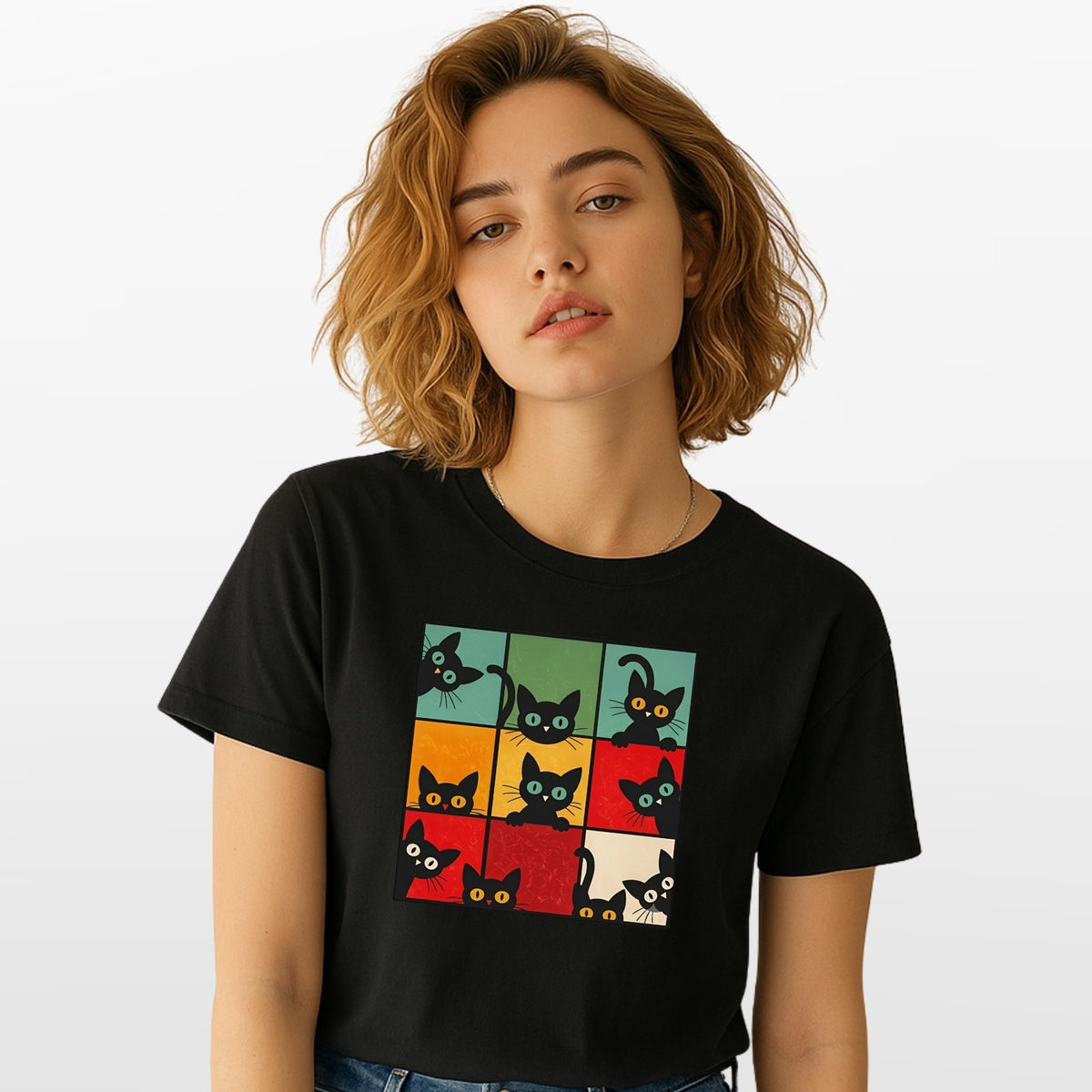 Funny Peeking Cat Grid T Shirt Retro Kitten Graphic Unisex Gift Tee Top