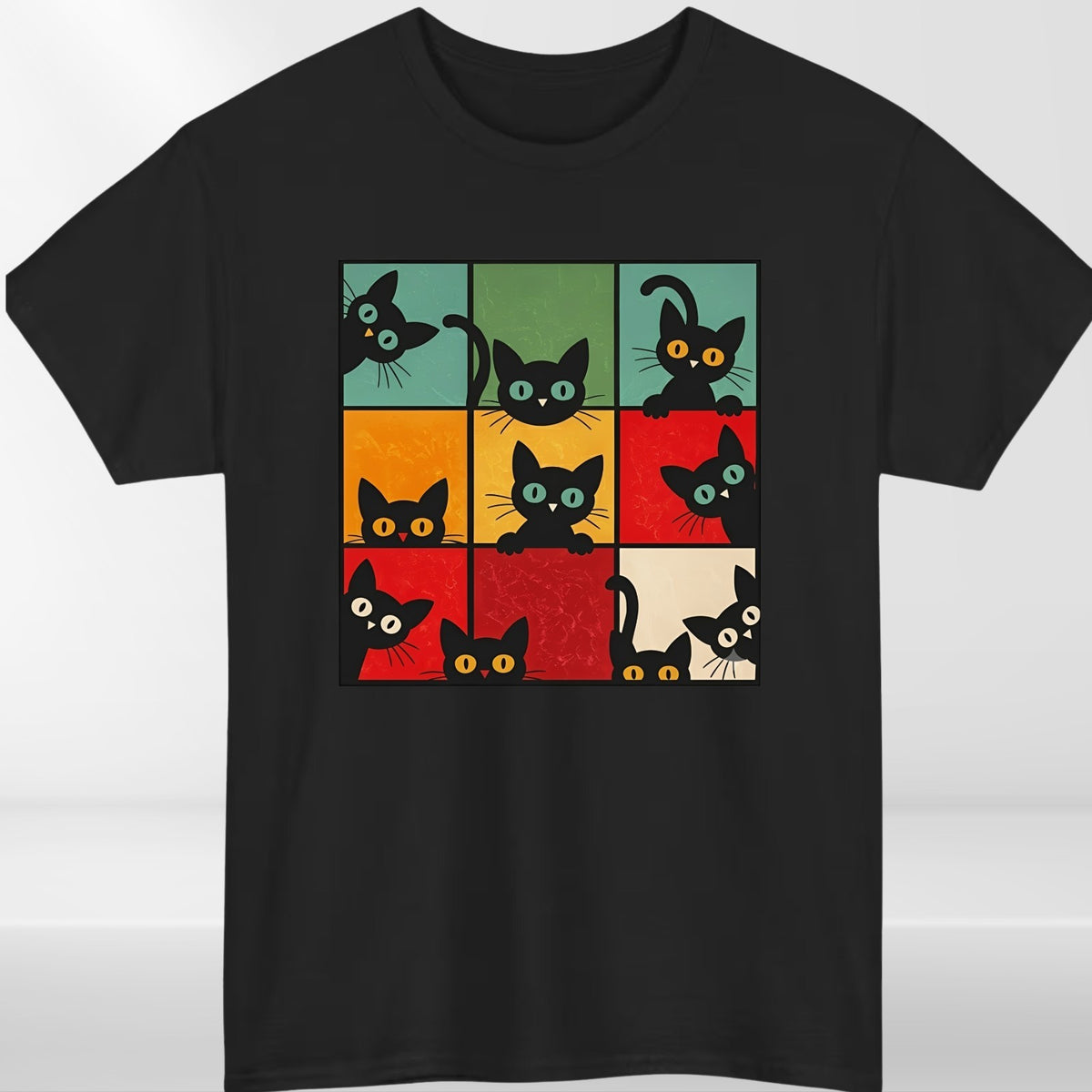 Funny Peeking Cat Grid T Shirt Retro Kitten Graphic Unisex Gift Tee Top