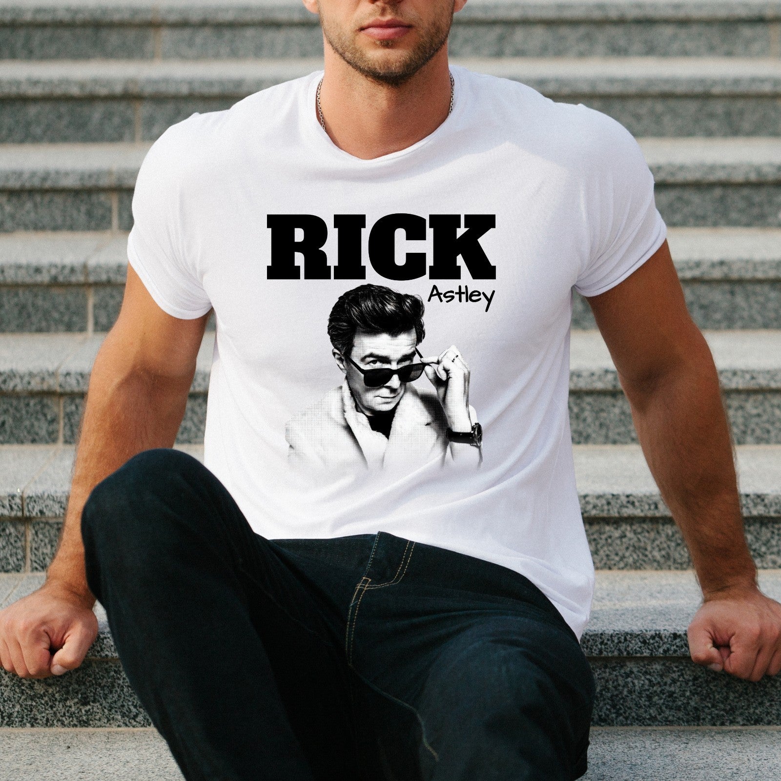 Rick Astley Homage T-Shirt Funny UK Music Icon Legend 90's 80's Retro Tee