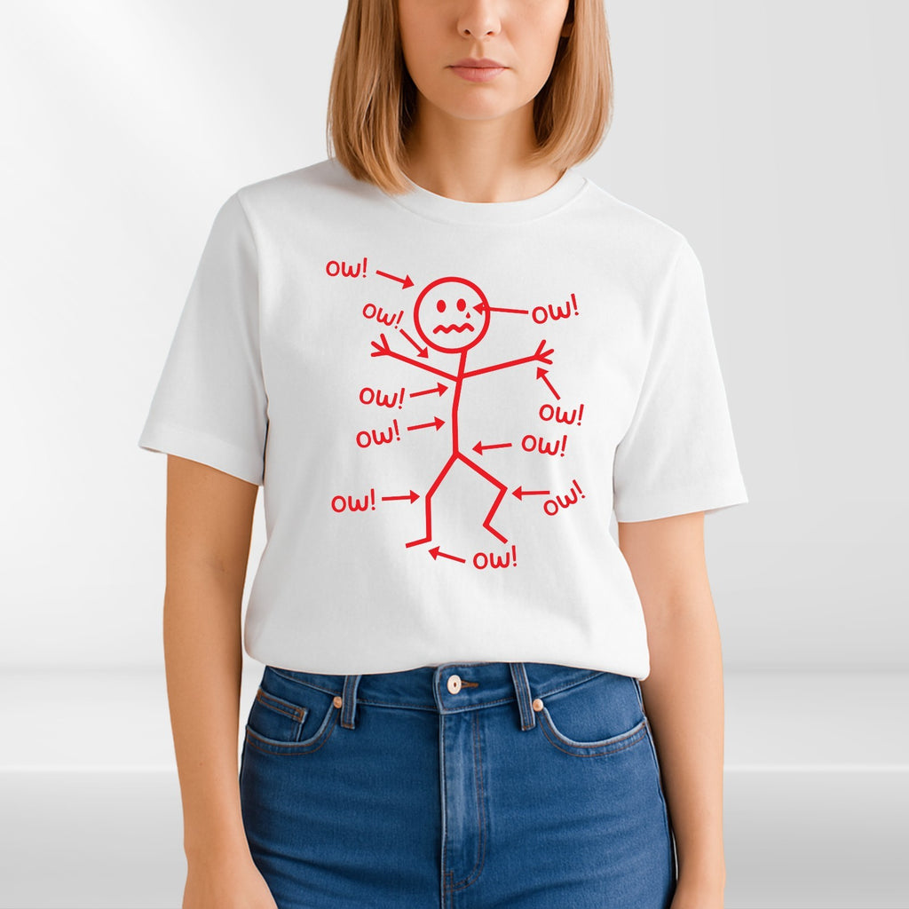 Funny Stick Figure 'Ow' T-Shirt Sarcastic Pain Humor Graphic T Shirt Unisex Tee