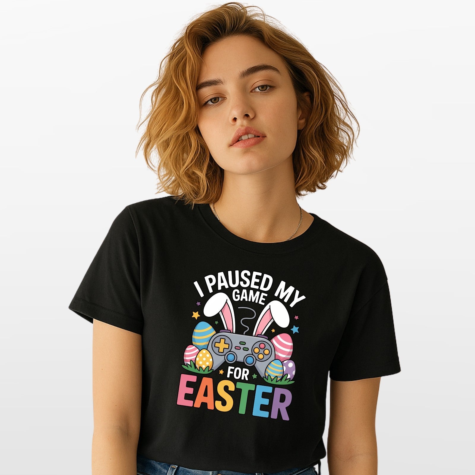 I Paused My Game For Easter T-Shirt Funny Gamer Bunny Black Cotton Unisex