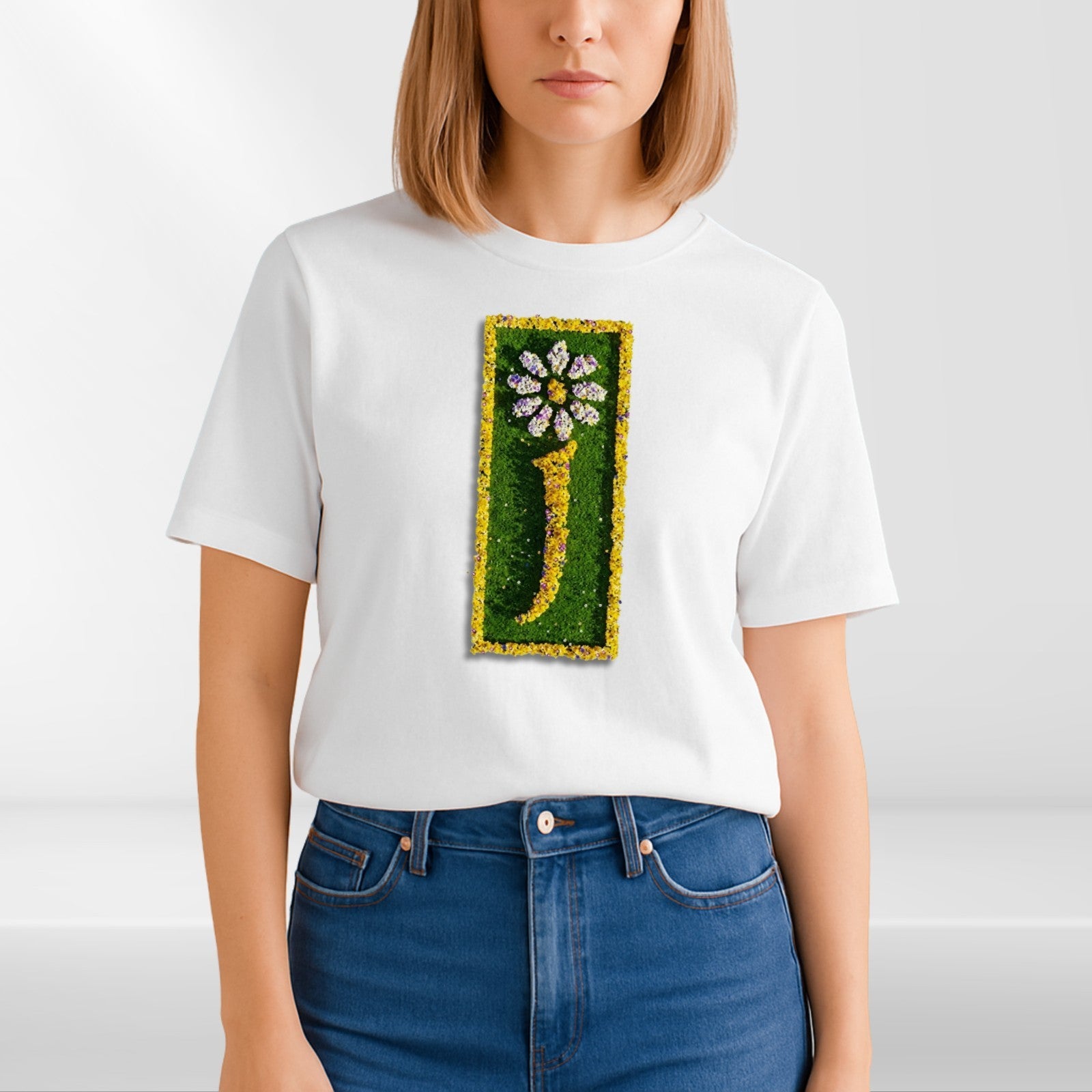Floral Letter J Graphic T Shirt Aesthetic Daisy Alphabet Print Unisex Casual Cot