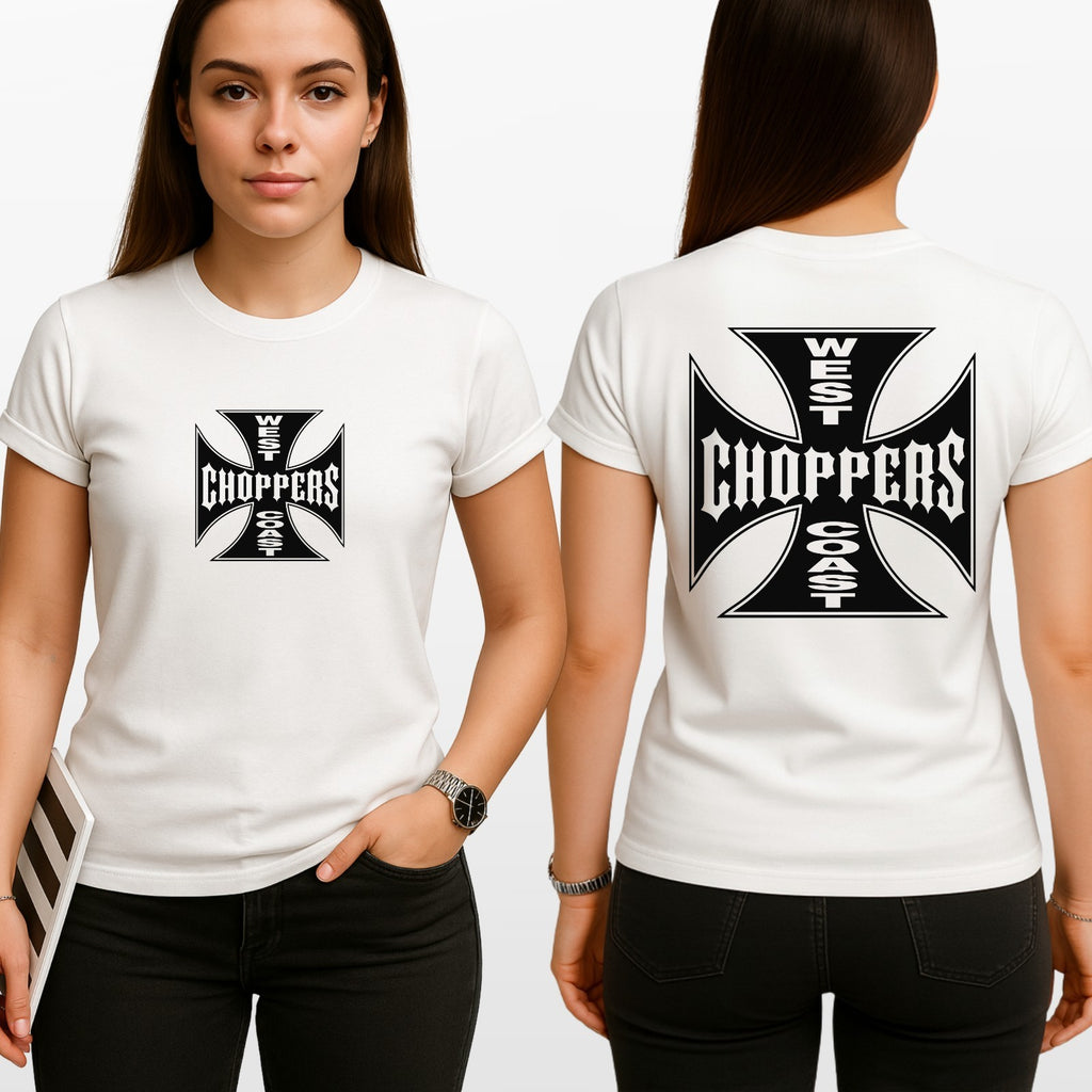 West Coast Choppers Cross Logo T Shirt Front Back Print Biker Graphic Tee