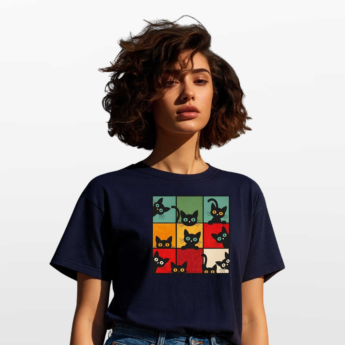 Funny Peeking Cat Grid T Shirt Retro Kitten Graphic Unisex Gift Tee Top