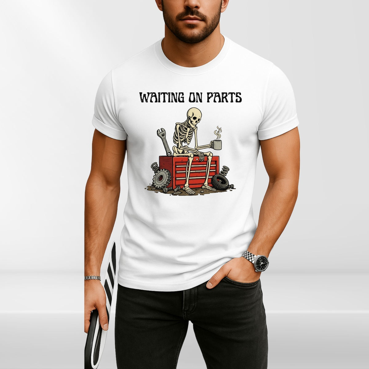 Waiting On Parts Skeleton Coffee Funny T Shirt Mechanic Unisex Gift Tee UK