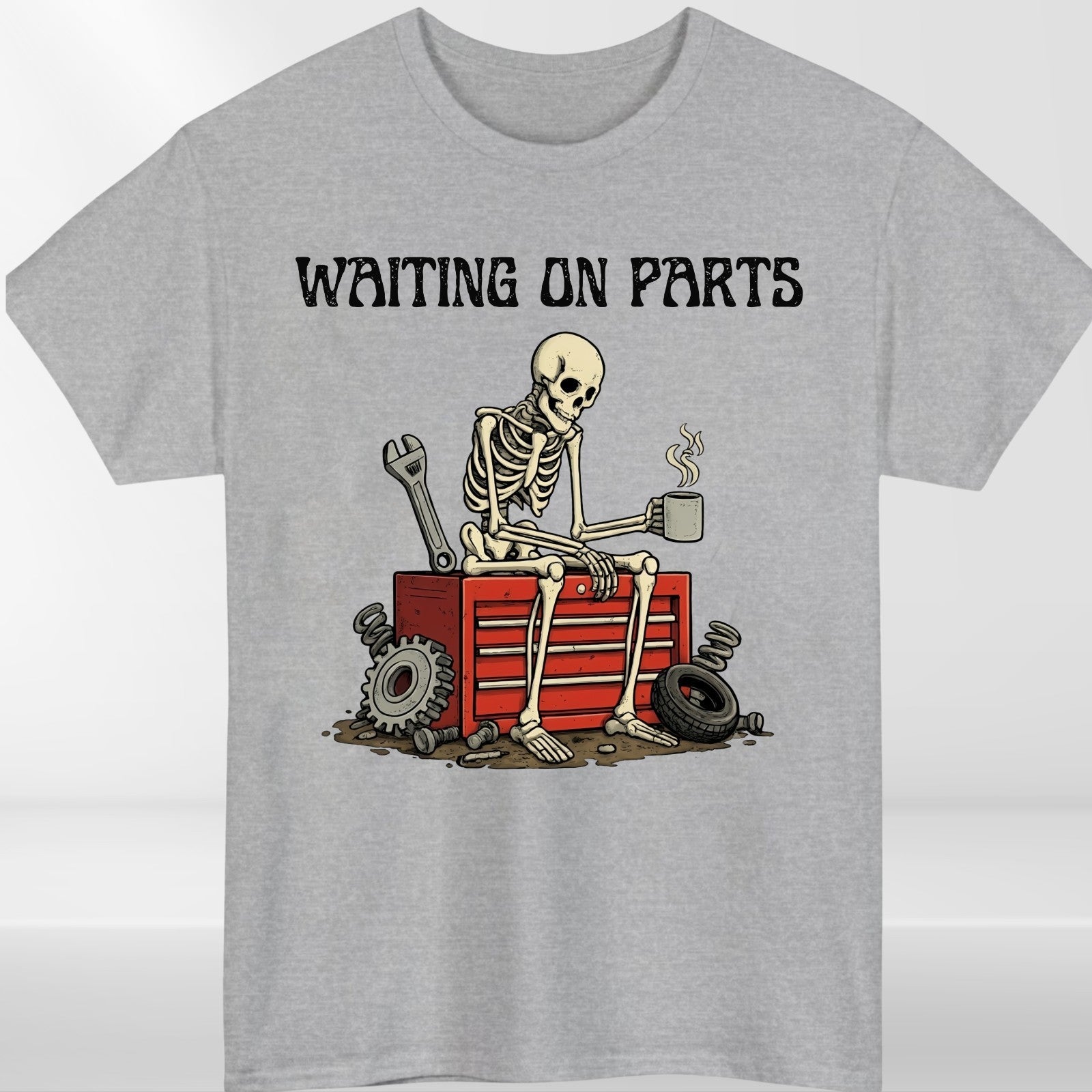 Waiting On Parts Skeleton Coffee Funny T Shirt Mechanic Unisex Gift Tee UK