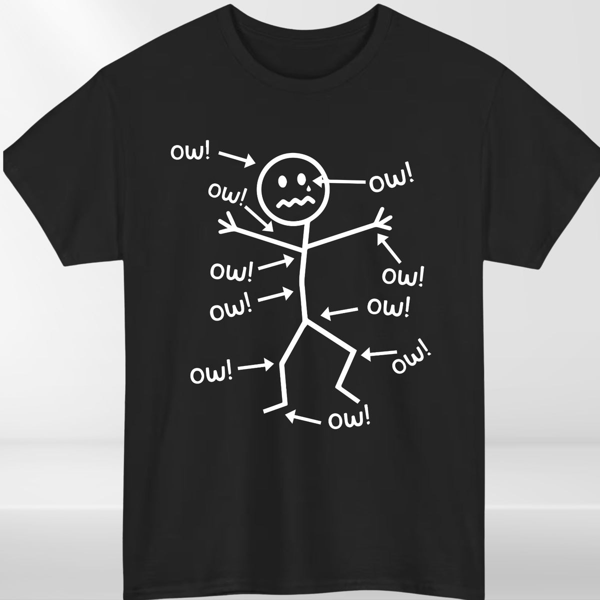Funny Stick Figure 'Ow' T-Shirt Sarcastic Pain Humor Graphic T Shirt Unisex Tee