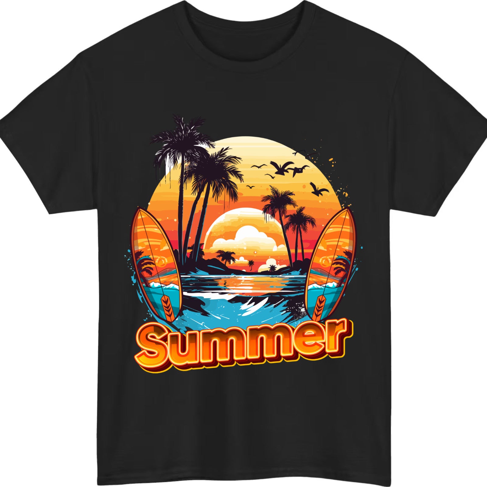 Summer  T-Shirt – Surfboard & Palm Trees Graphic Tee, Beach Vibes Shirt