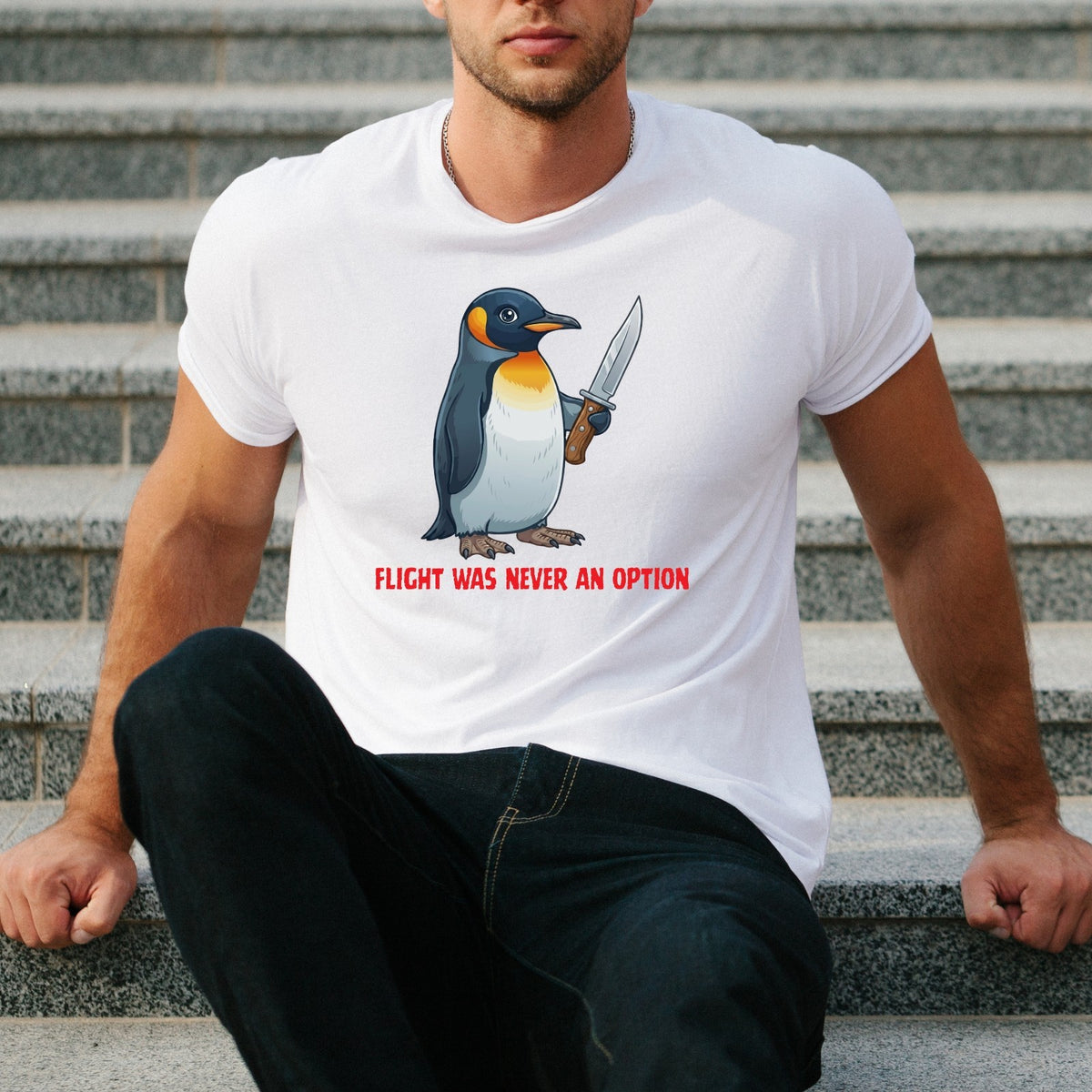 Funny Penguin Graphic T Shirt Flight Was Never An Option Humour Unisex Animal Te