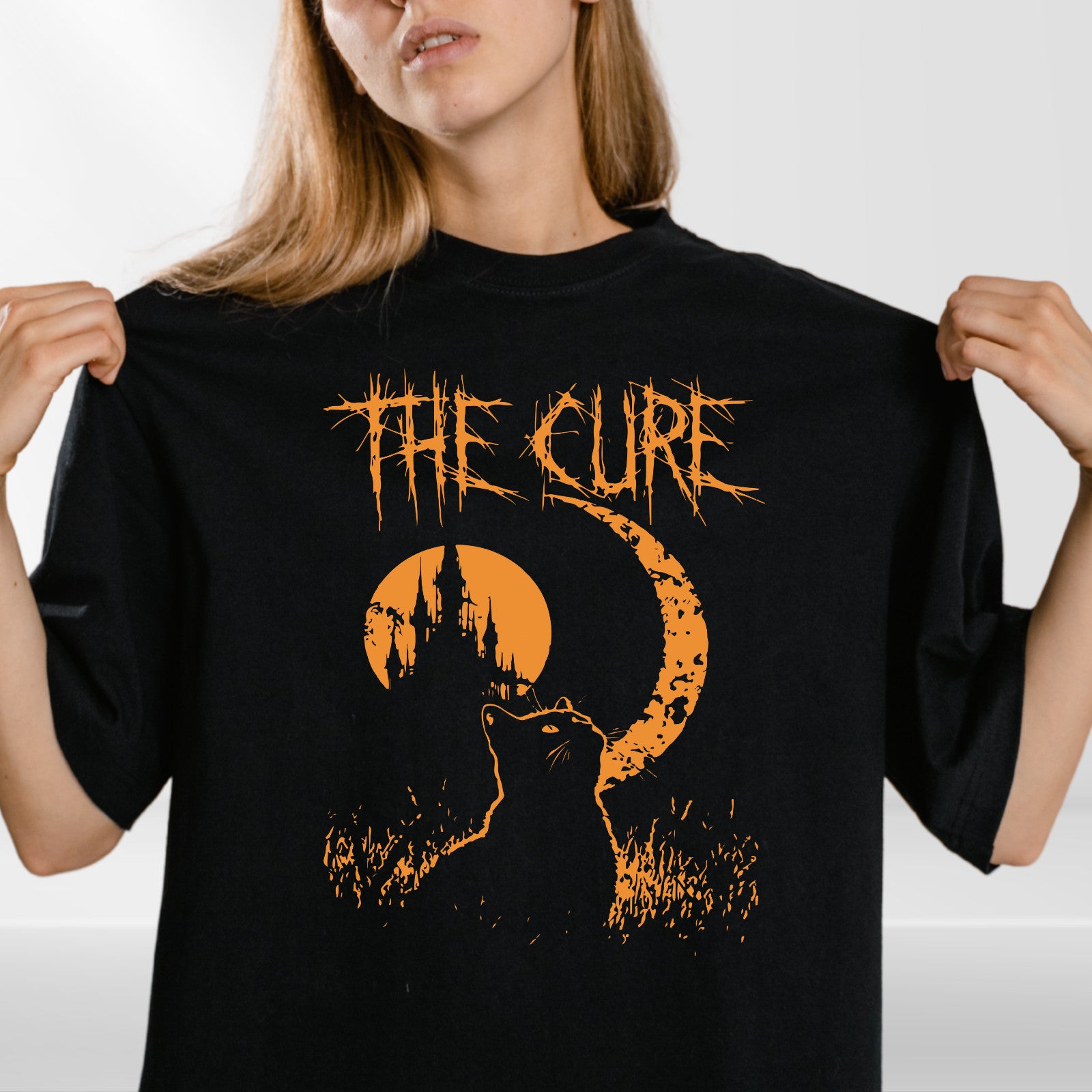 Vintage Cat Moon Graphic T Shirt Gothic Cat Lover Retro Music Inspired Women tee