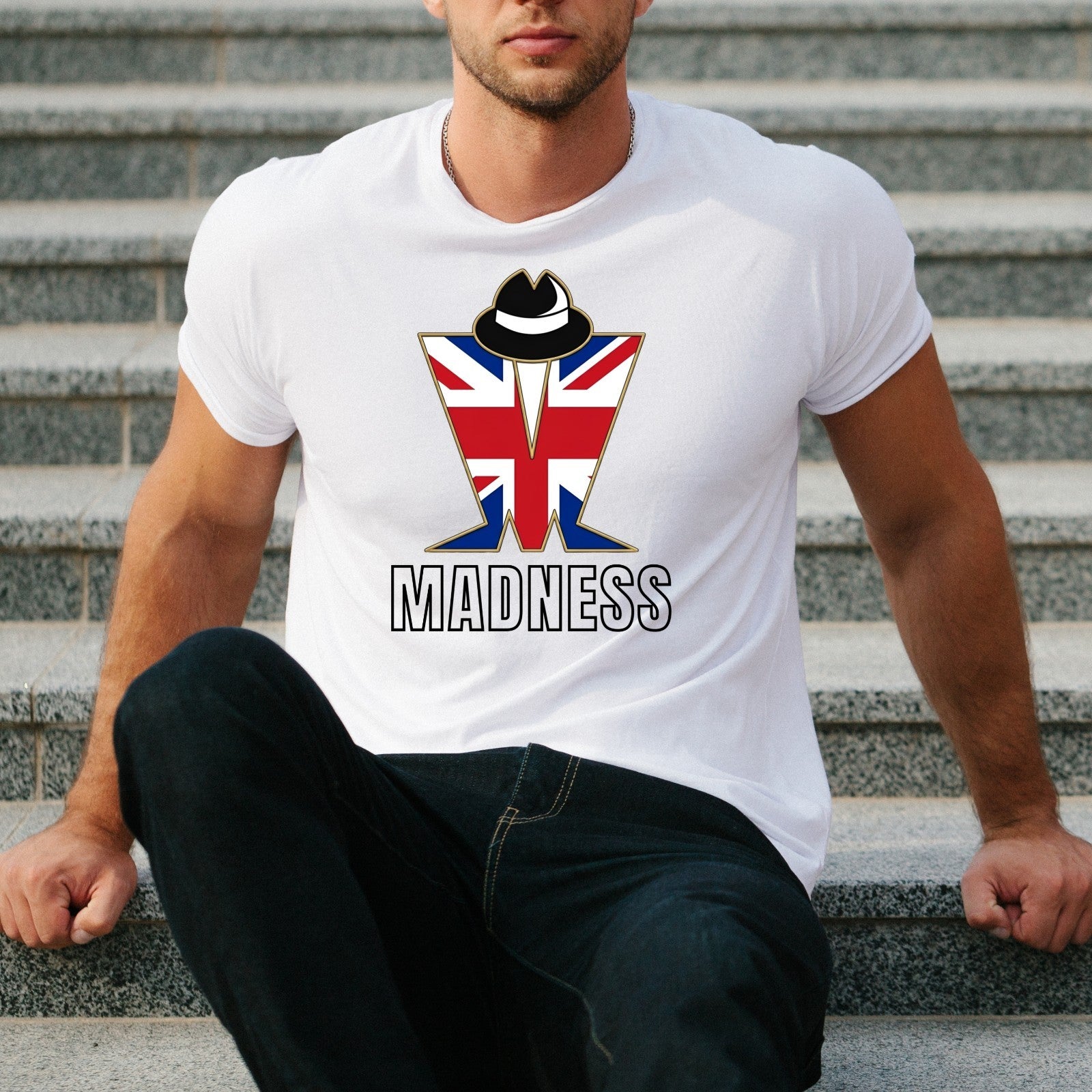 Madness Band T-Shirt Union Jack Flag Graphic Tee Retro Music Concert Top