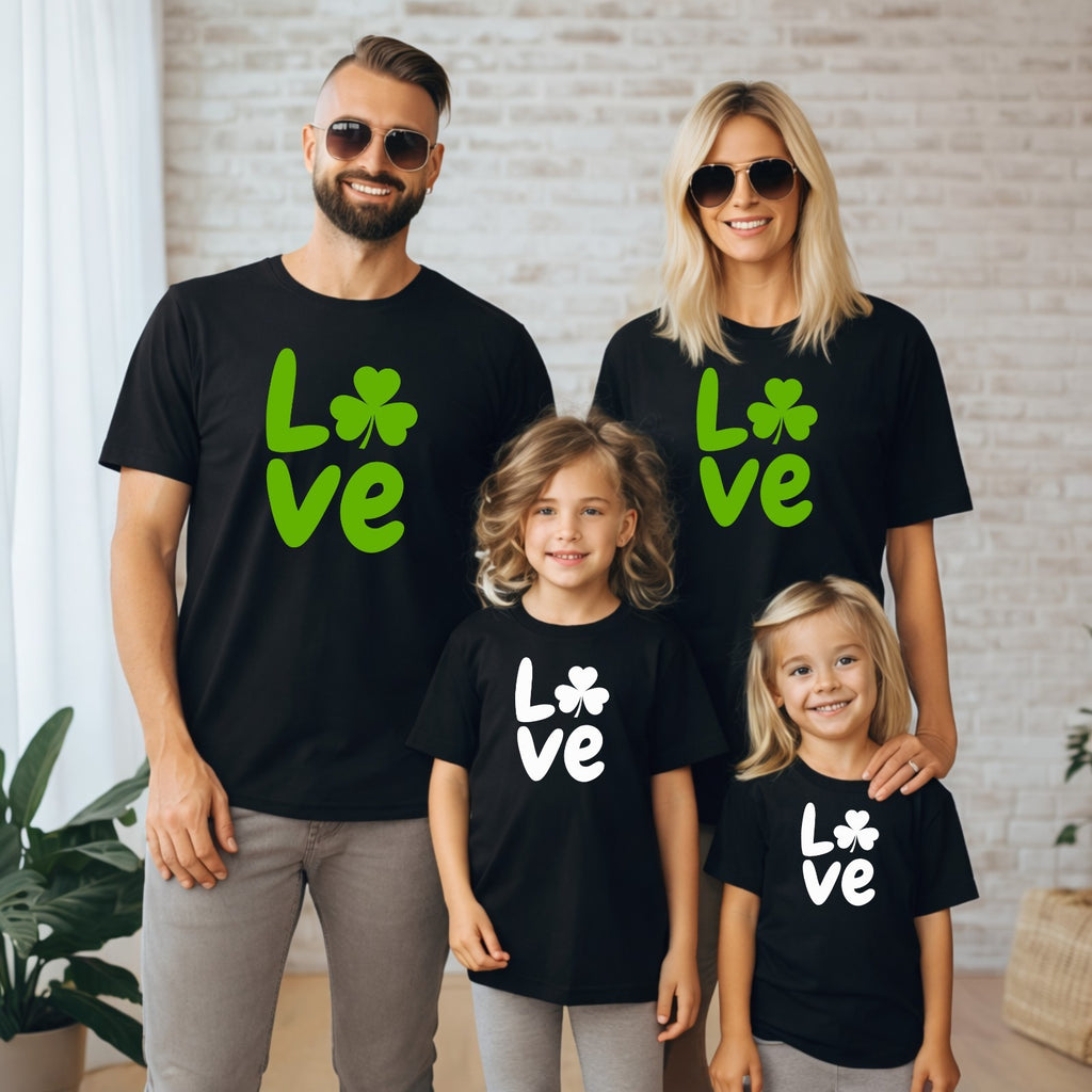 St Patricks Day Family Matching T-Shirts Love Shamrock Black Cotton Unisex