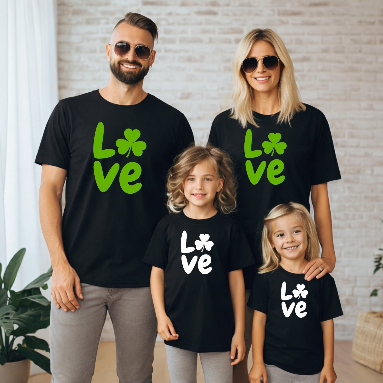 St Patricks Day Family Matching T-Shirts Love Shamrock Black Cotton Unisex