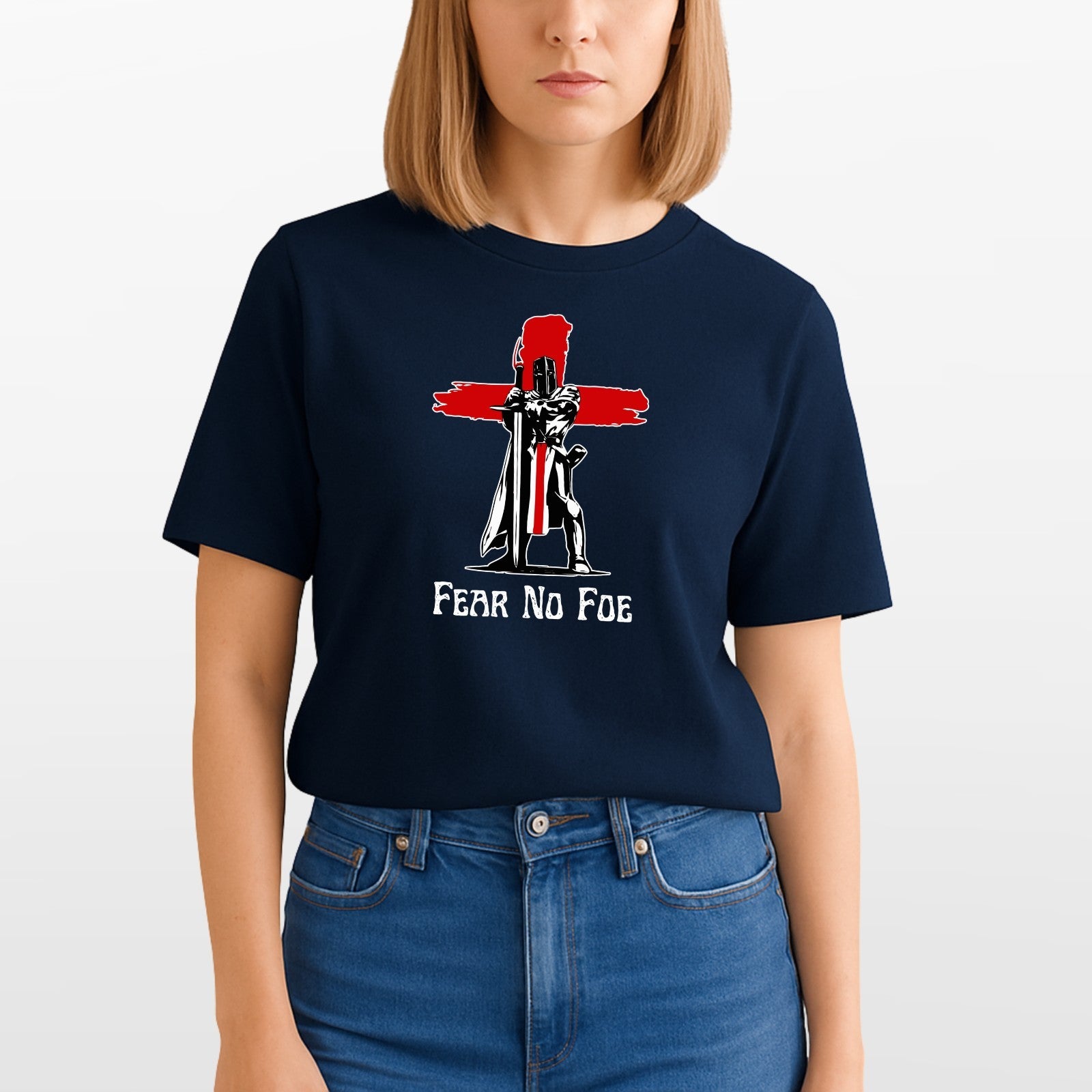 Fear No Foe Knight England Cross T-Shirt White Cotton Unisex Patriotic Top