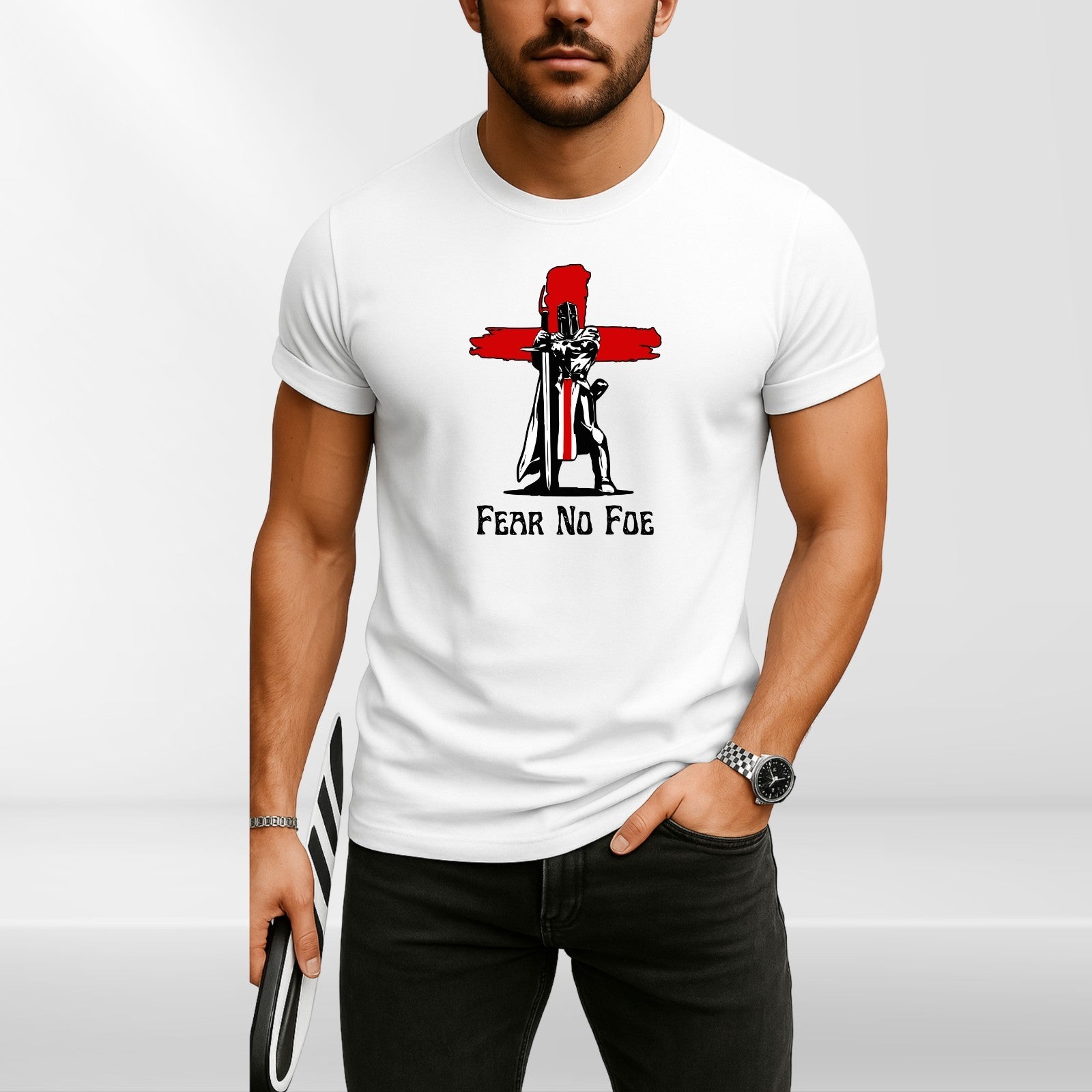 Fear No Foe Knight England Cross T-Shirt White Cotton Unisex Patriotic Top