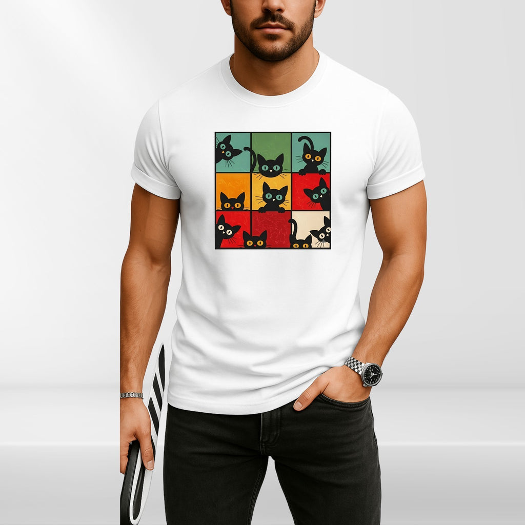 Funny Peeking Cat Grid T Shirt Retro Kitten Graphic Unisex Gift Tee Top