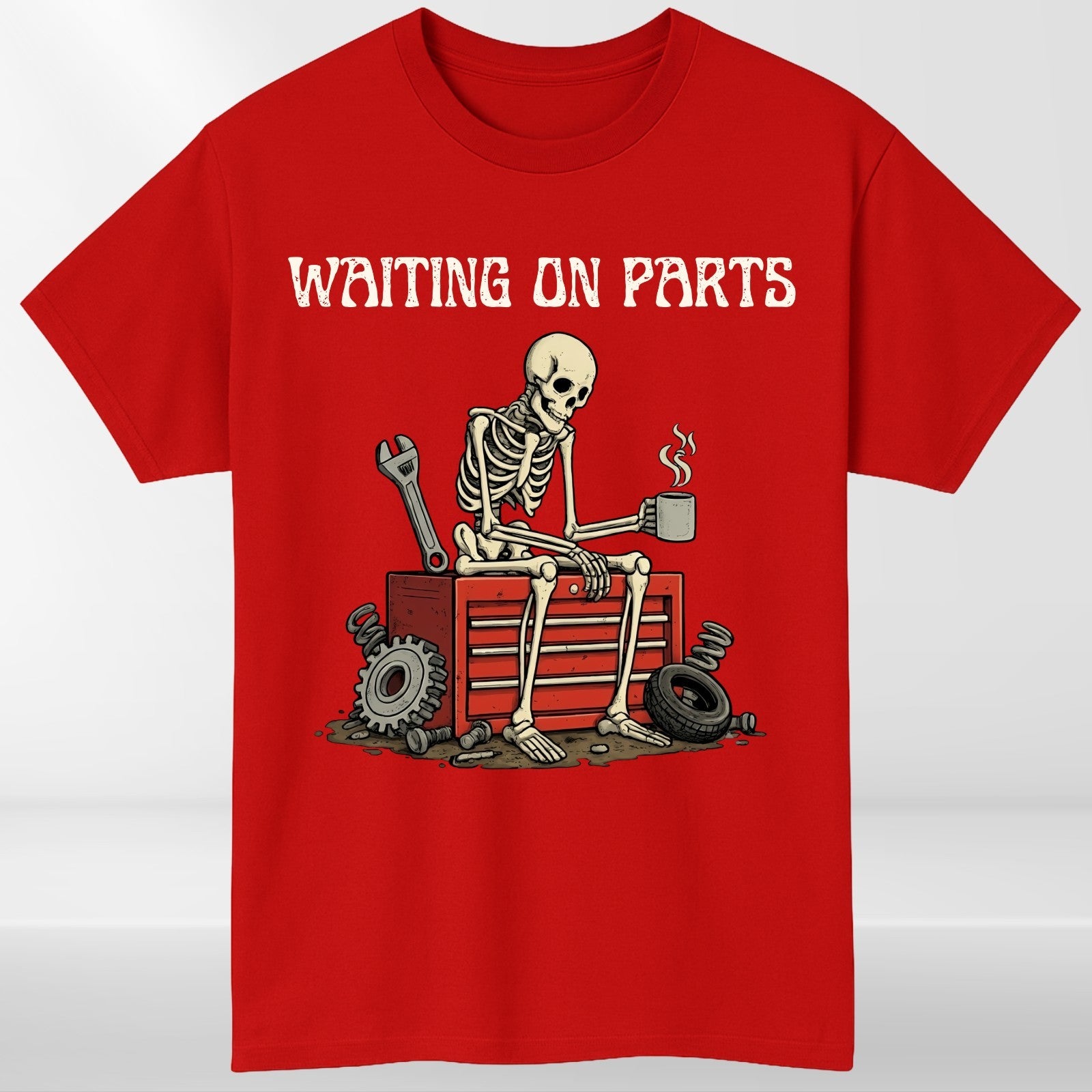 Waiting On Parts Skeleton Coffee Funny T Shirt Mechanic Unisex Gift Tee UK