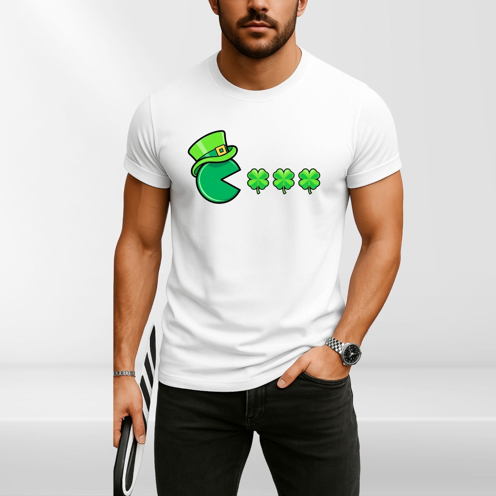 Funny Irish Pac Man Shamrock T Shirt St Patricks Day Gaming Tee Unisex