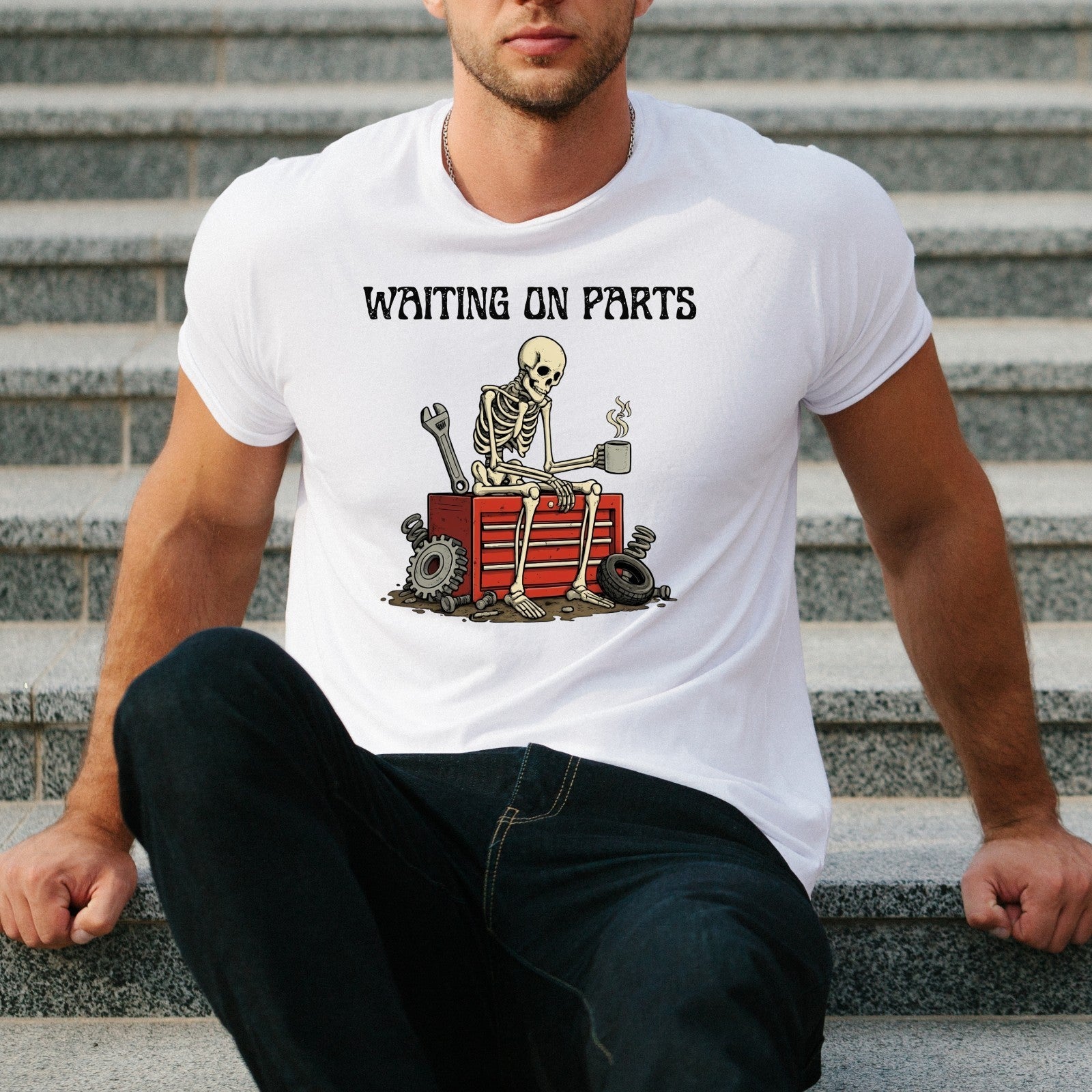 Waiting On Parts Skeleton Coffee Funny T Shirt Mechanic Unisex Gift Tee UK