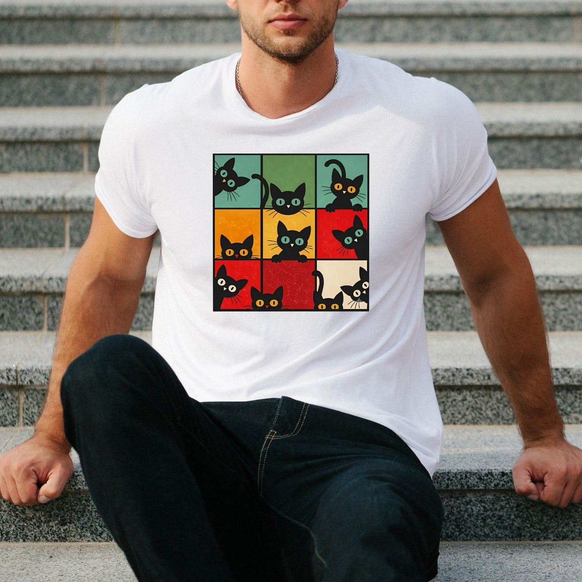 Funny Peeking Cat Grid T Shirt Retro Kitten Graphic Unisex Gift Tee Top