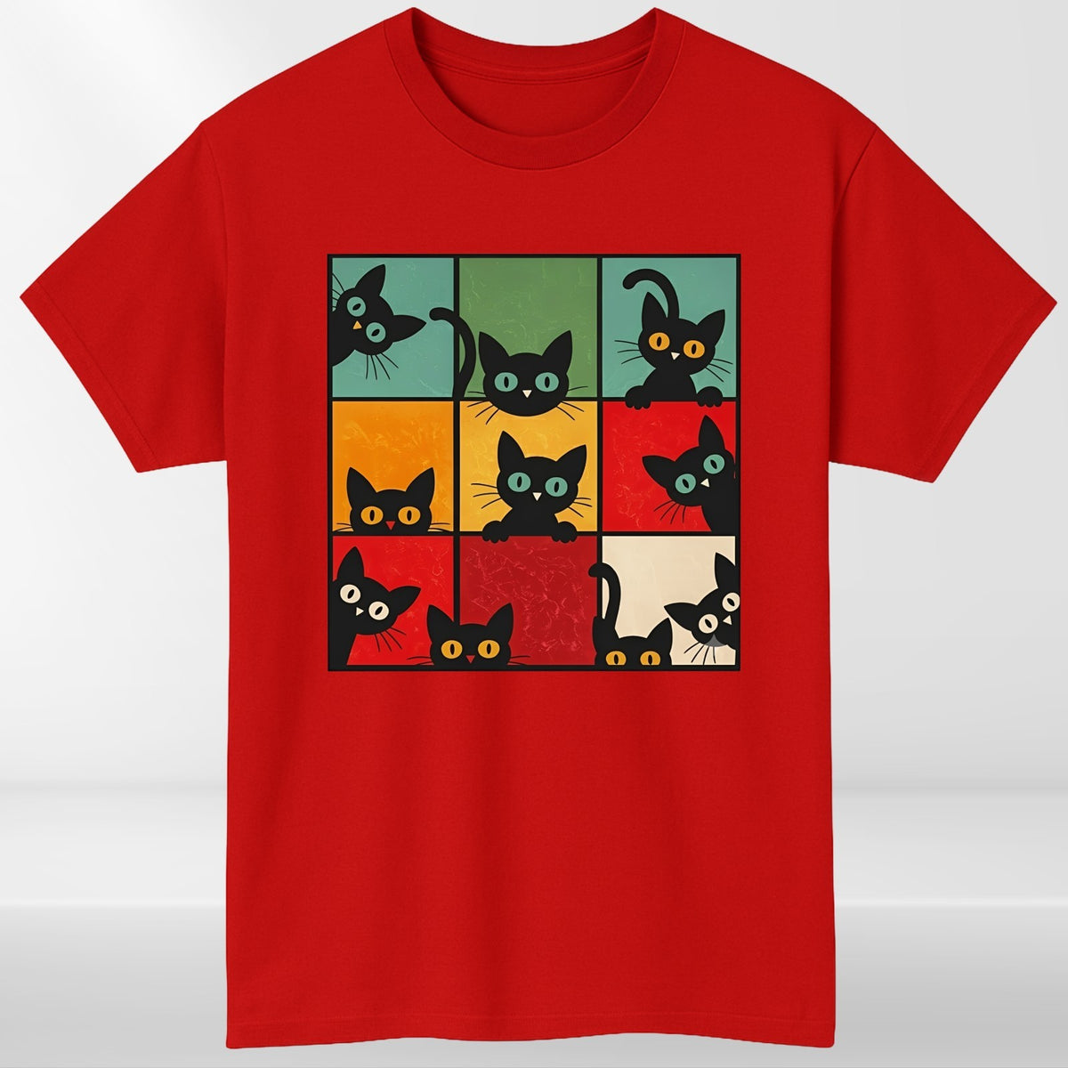 Funny Peeking Cat Grid T Shirt Retro Kitten Graphic Unisex Gift Tee Top