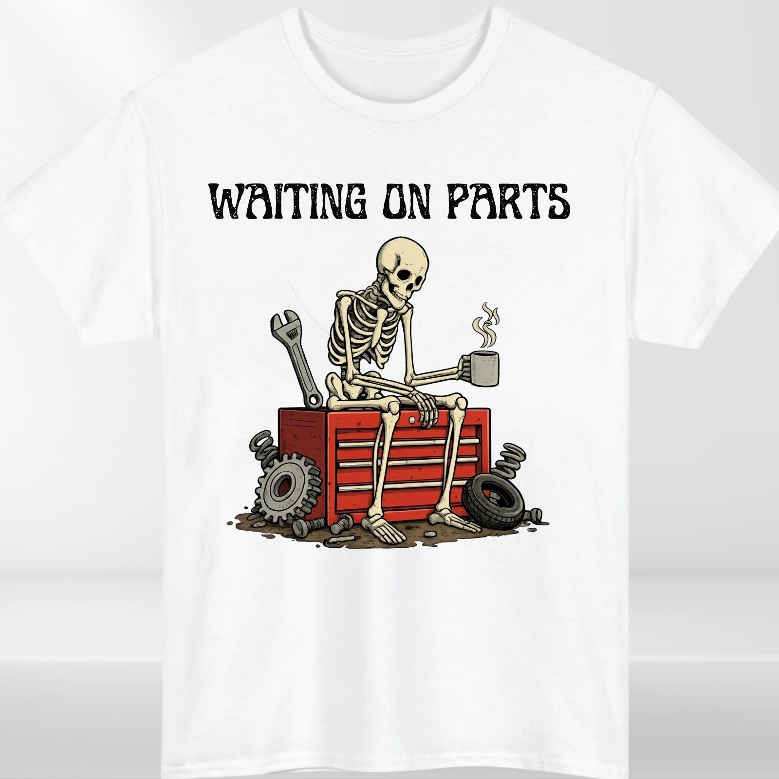 Waiting On Parts Skeleton Coffee Funny T Shirt Mechanic Unisex Gift Tee UK