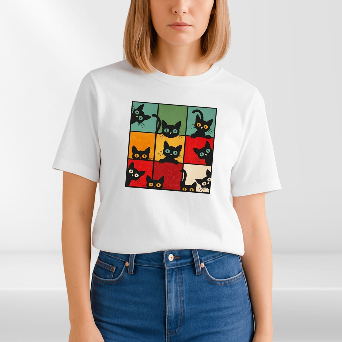 Funny Peeking Cat Grid T Shirt Retro Kitten Graphic Unisex Gift Tee Top