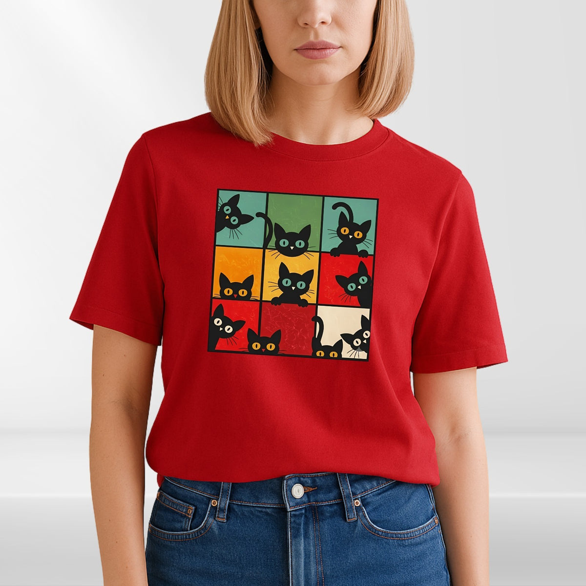 Funny Peeking Cat Grid T Shirt Retro Kitten Graphic Unisex Gift Tee Top