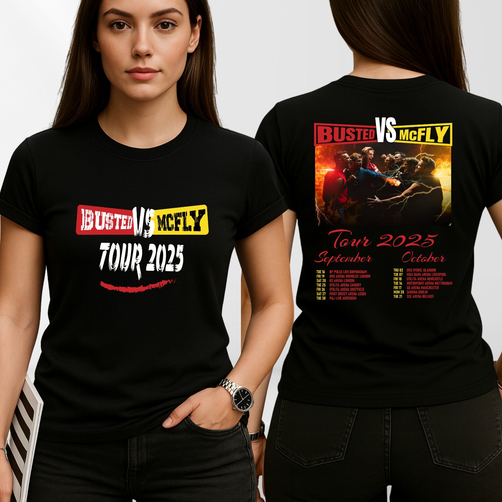 McFly vs Busted Tour 2025 T-Shirt Team McFly Band Front & Back Concert Gift Top