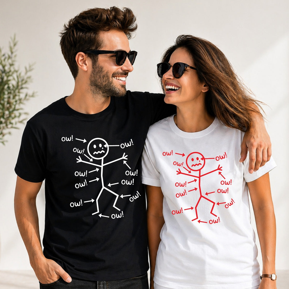 Funny Stick Figure 'Ow' T-Shirt Sarcastic Pain Humor Graphic T Shirt Unisex Tee