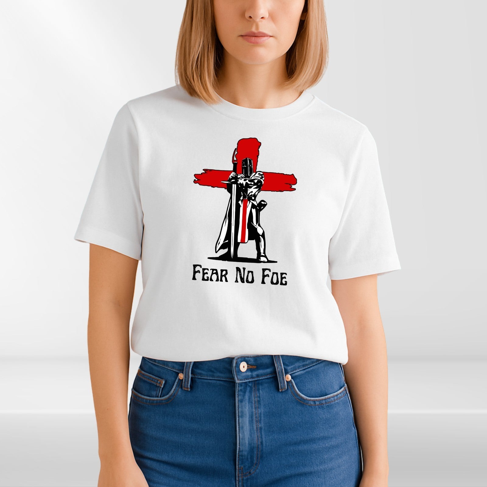 Fear No Foe Knight England Cross T-Shirt White Cotton Unisex Patriotic Top