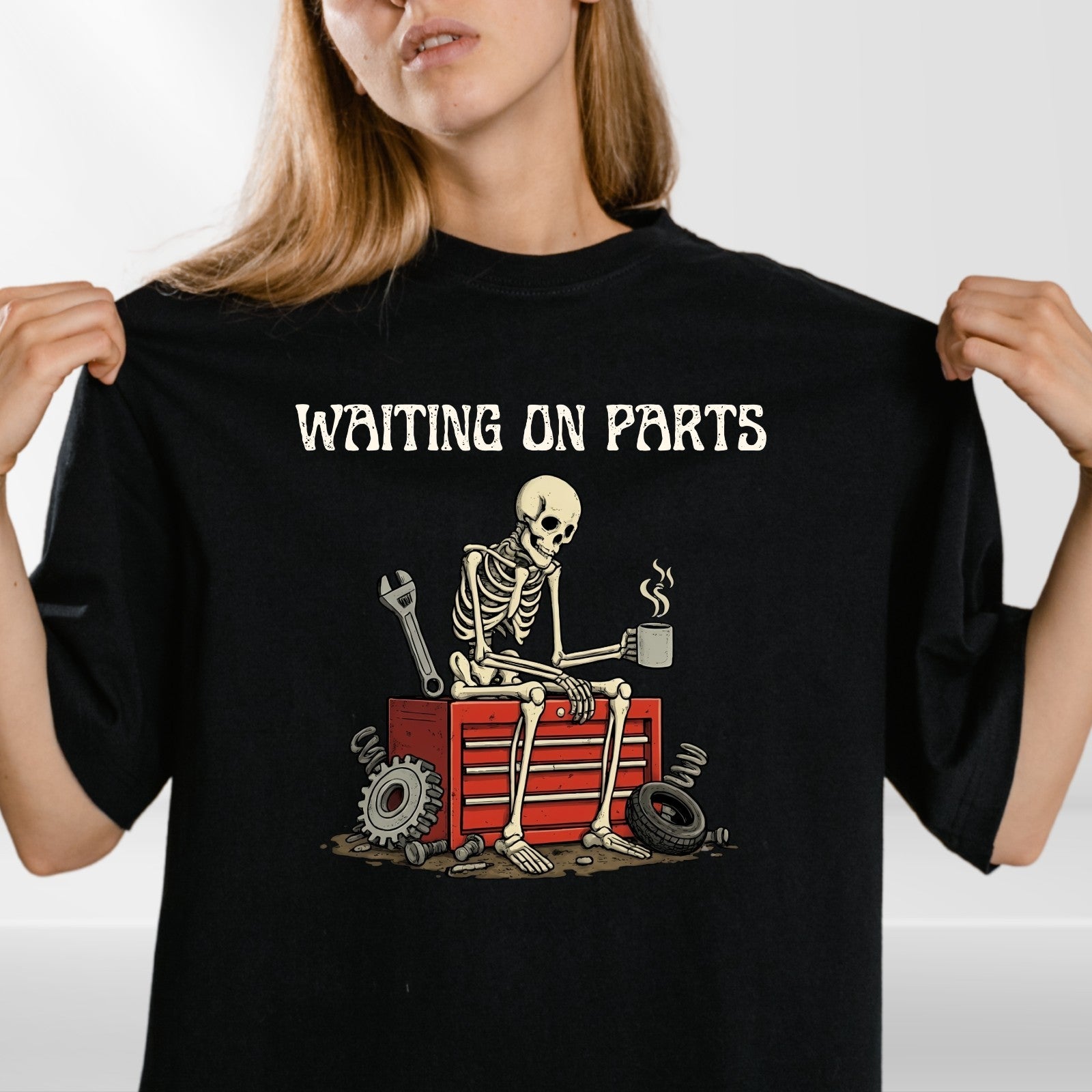 Waiting On Parts Skeleton Coffee Funny T Shirt Mechanic Unisex Gift Tee UK