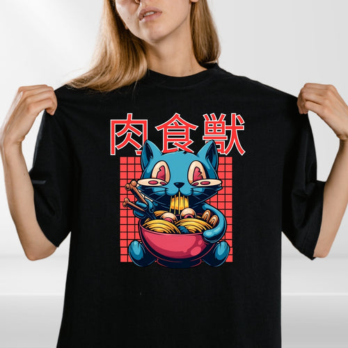 Anime T Shirt Cat Ramen Noodles Manga Japanese Geek Regular Fit Tee