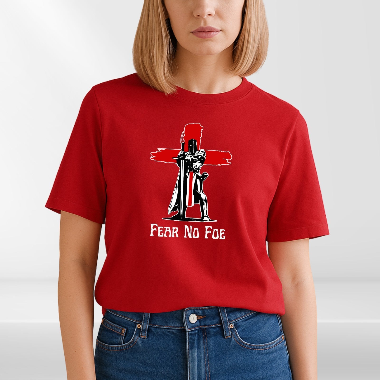 Fear No Foe Knight England Cross T-Shirt White Cotton Unisex Patriotic Top
