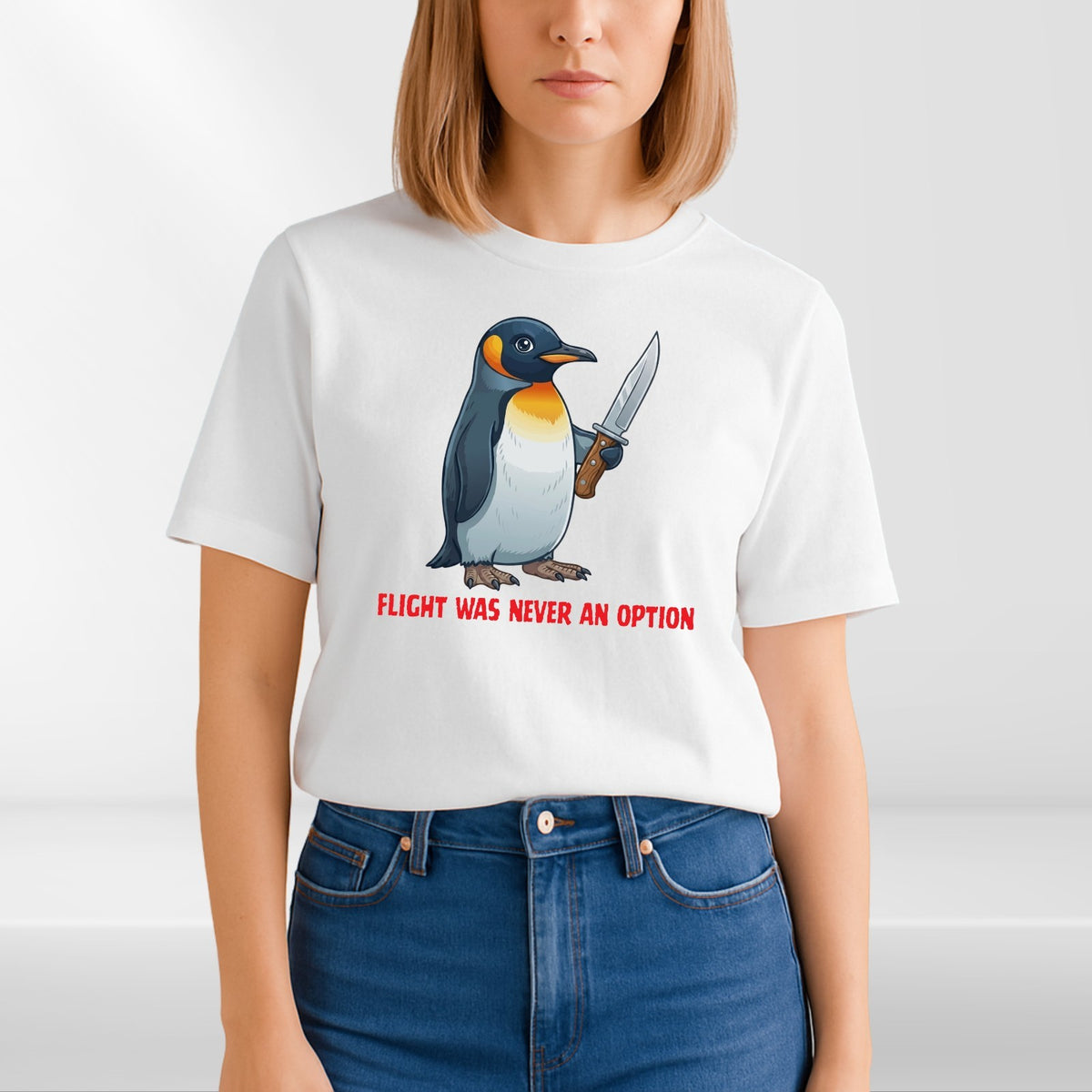 Funny Penguin Graphic T Shirt Flight Was Never An Option Humour Unisex Animal Te