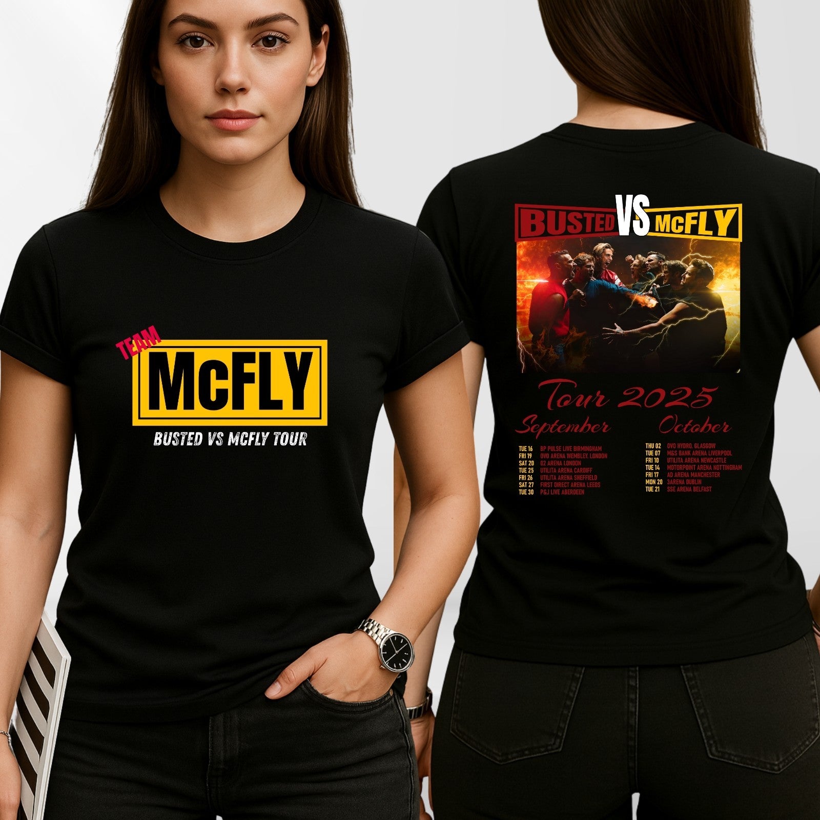 McFly vs Busted Tour 2025 T-Shirt Team McFly Band Front & Back Concert Gift Top