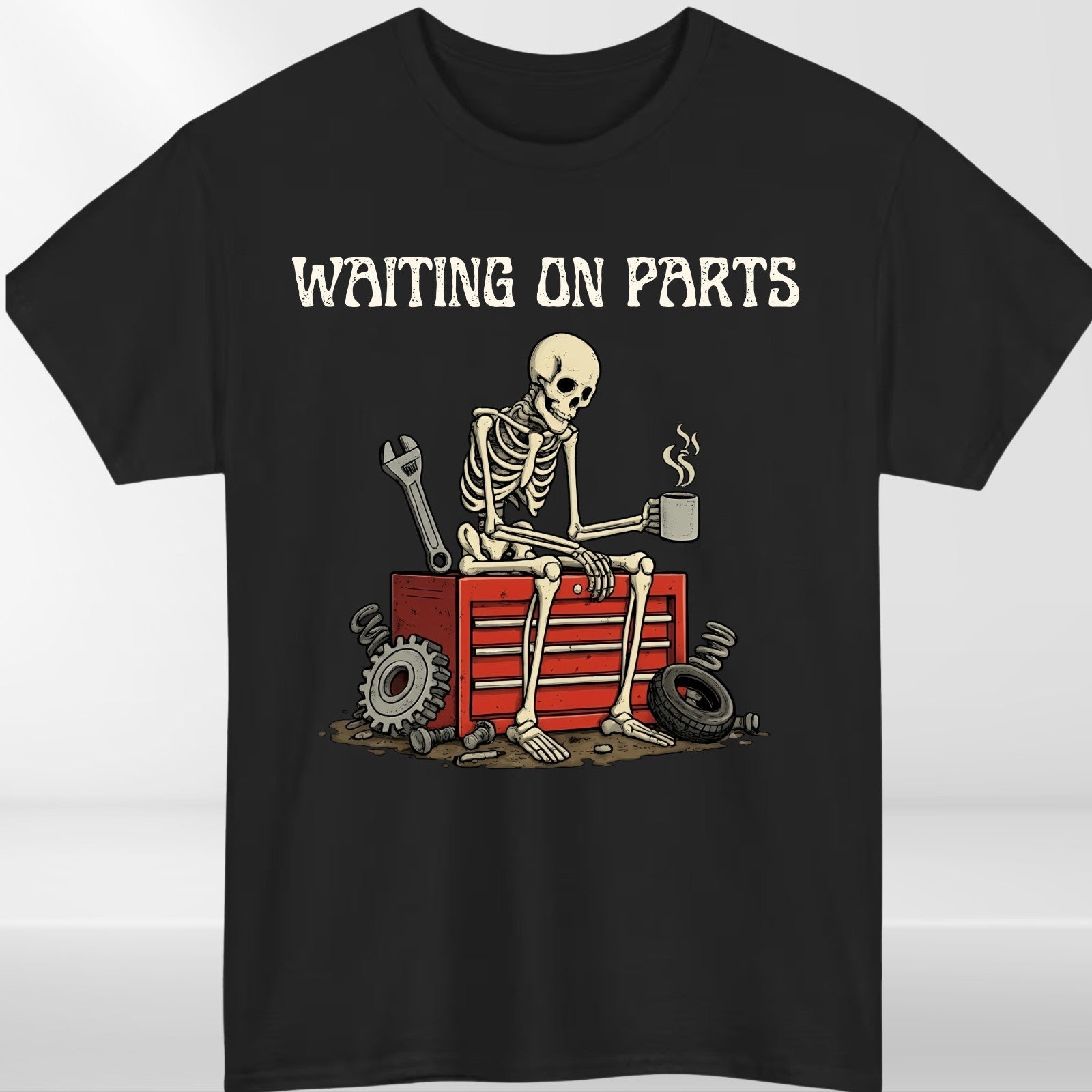 Waiting On Parts Skeleton Coffee Funny T Shirt Mechanic Unisex Gift Tee UK