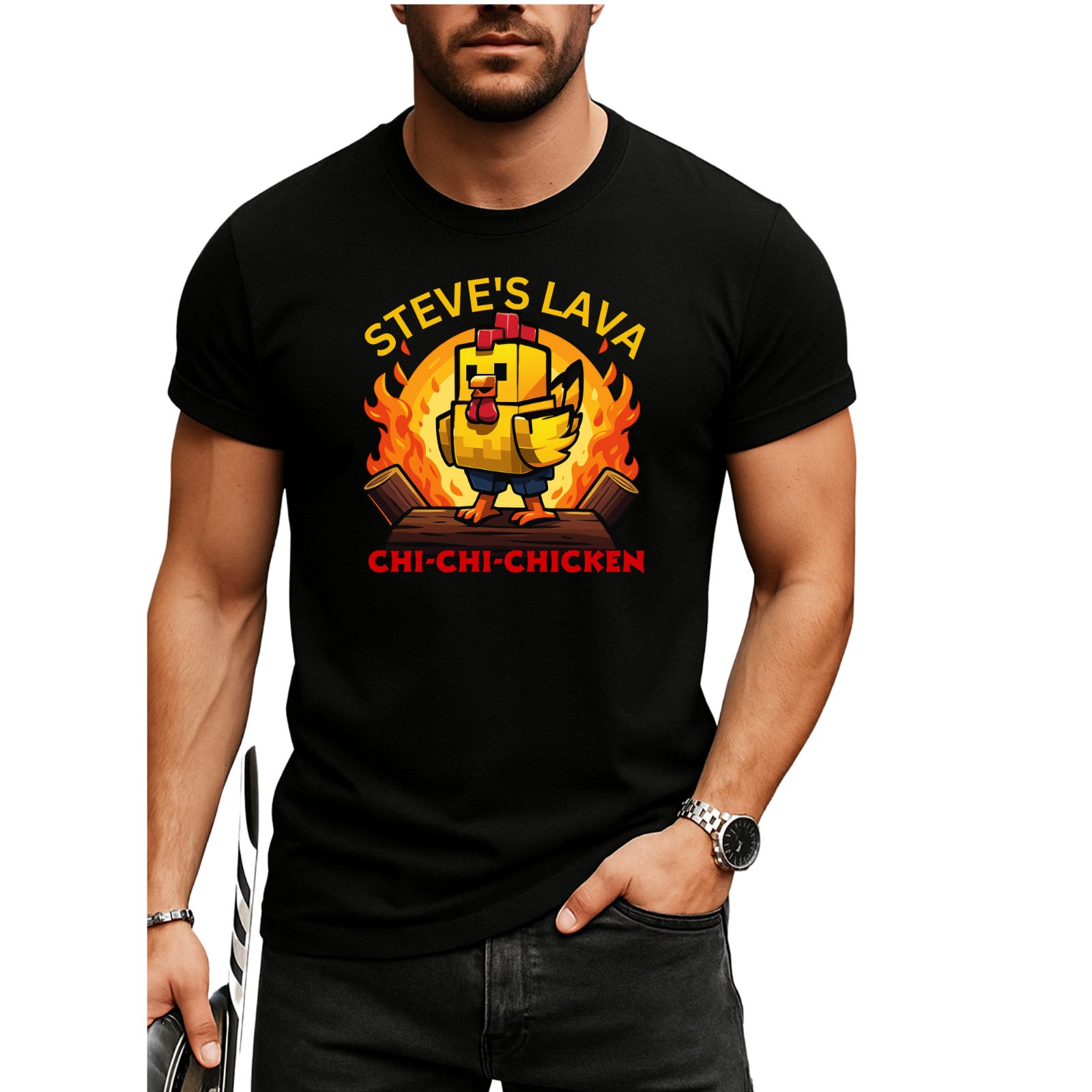 Steve’s Lava Chicken Funny Pixel on T-Shirt product view 5