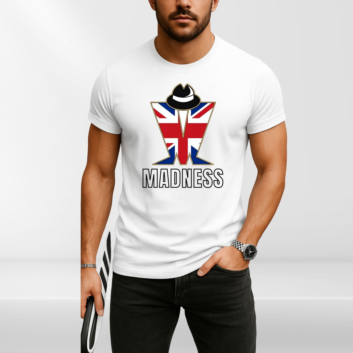 Madness Band T-Shirt Union Jack Flag Graphic Tee Retro Music Concert Top