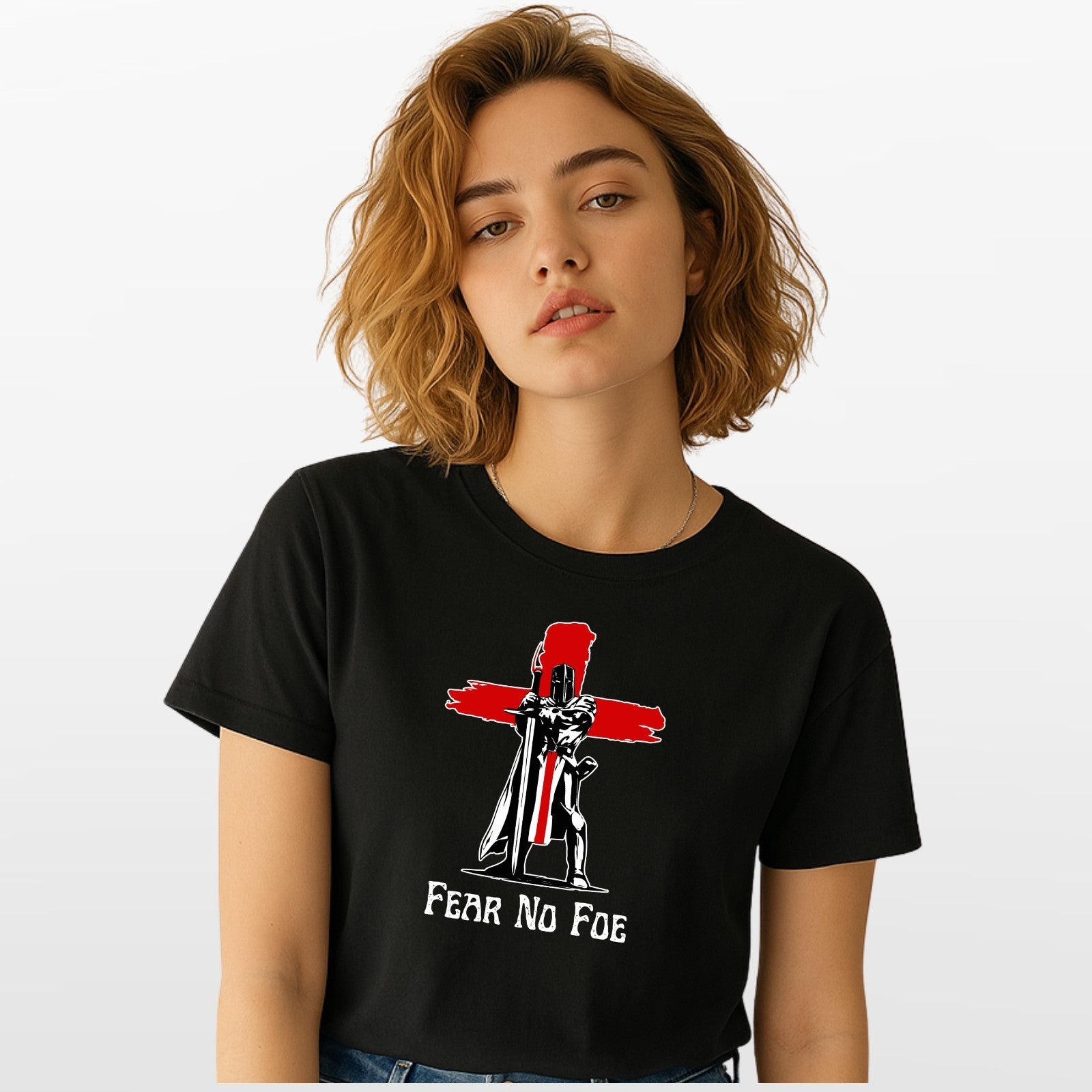 Fear No Foe Knight England Cross T-Shirt White Cotton Unisex Patriotic Top